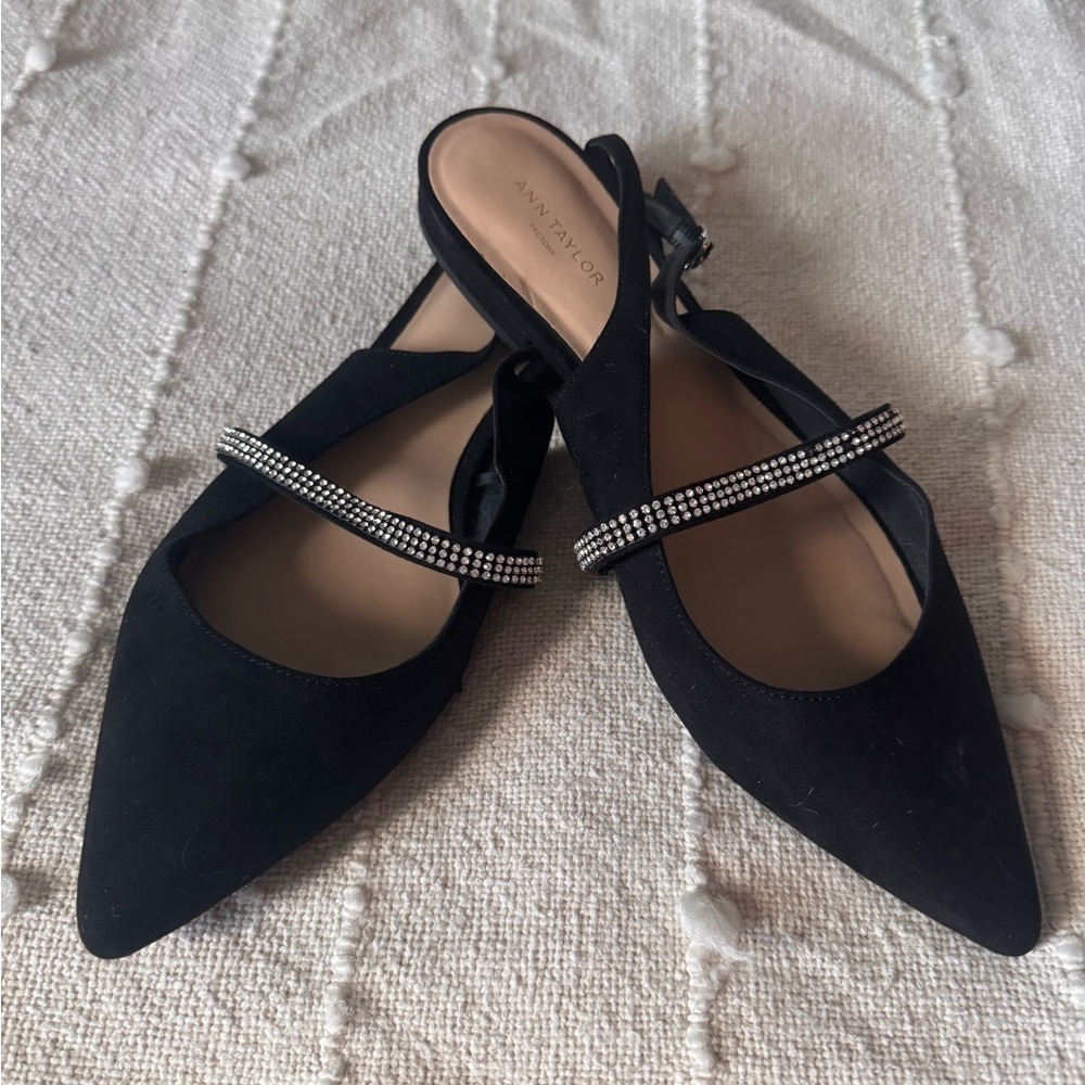Ann Taylor Black Rhinestone Strap Flats